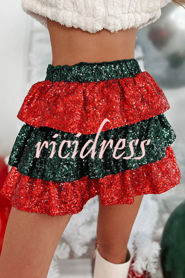 Little Christmas Magic Elastic Waist Tiered Sequin Mini Skirt