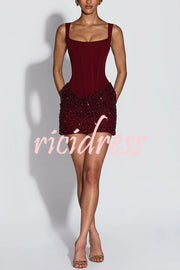 Yeona Square Neck Back Lace-up Sequin Embroidery Drape Hem Mini Dress