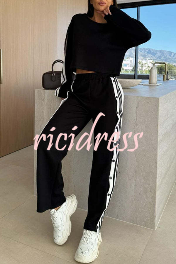 Sporty Chic Striped Patchwork Sweatshirt and Elastic Waist Side Button Up Loose Pants Set