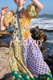 Linen Blend Unique Print Lapel Puff Sleeve Casual Midi Dress