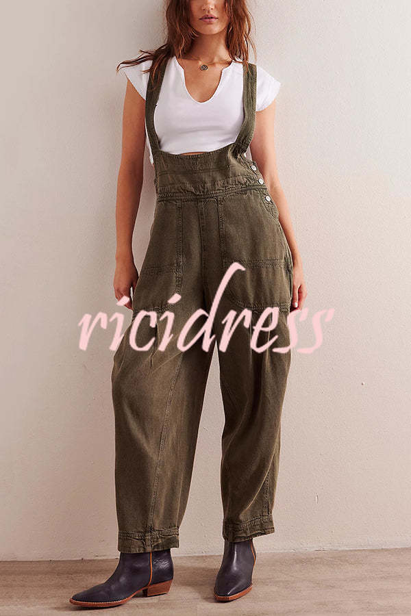Fashionable Casual Side Pocket Button Loose Denim Overalls