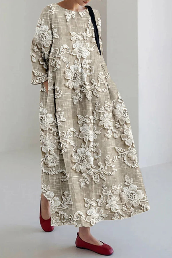 Unique Printed Round Neck Long Sleeve Loose Maxi Dress