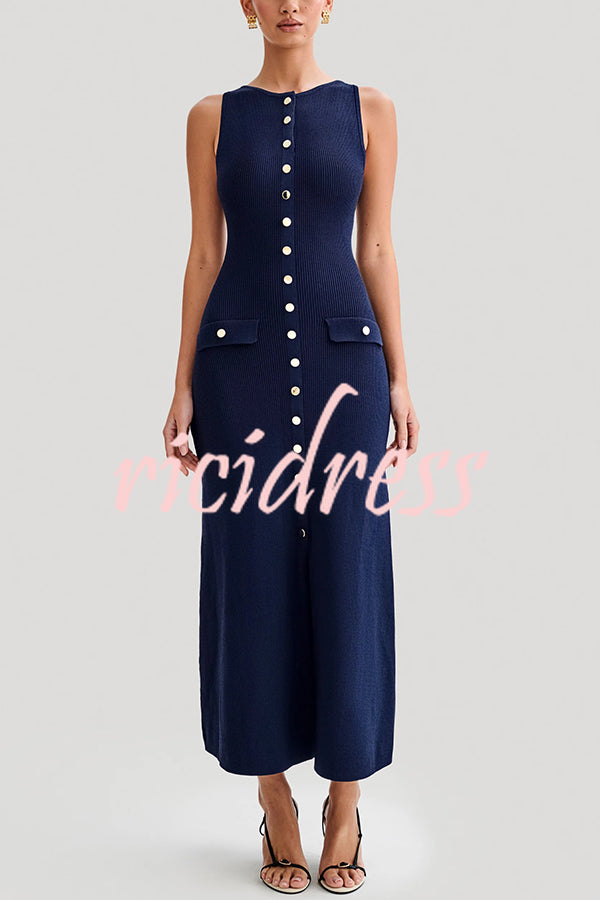 Solid Color Slim Fit Crew Neck Button Up Sleeveless Knitted Maxi Dress