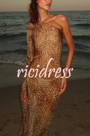 Leopard Print One Sleeve Sexy See-Through Fit Maxi Dress