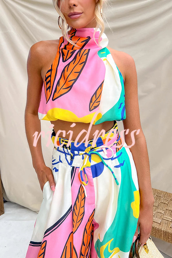 Maison Linen Blend Unique Print High Neck Top and Elastic Tie-up Waist Pocket Wide Leg Pants Set
