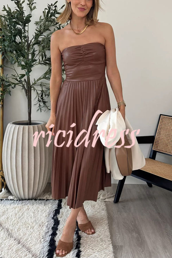 My Juliet Faux Leather Off Shoulder Strapless Pleated Stretch Midi Dress