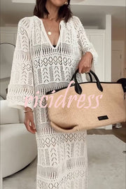 Hollie Knit Unique Pattern Tie-up Long Sleeve Cover-Up Midi Dress