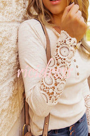 Solid Color Button Crochet Lace Long Sleeve Top