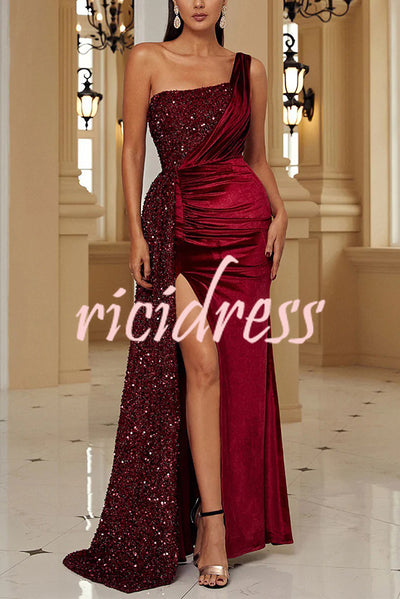 Taylor Sequin Velvet Patchwork One Shoulder Ruched Slit Prom Maxi Dress