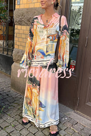 Ellison Unique Print Button Up Long Balloon Sleeve Loose Blouse