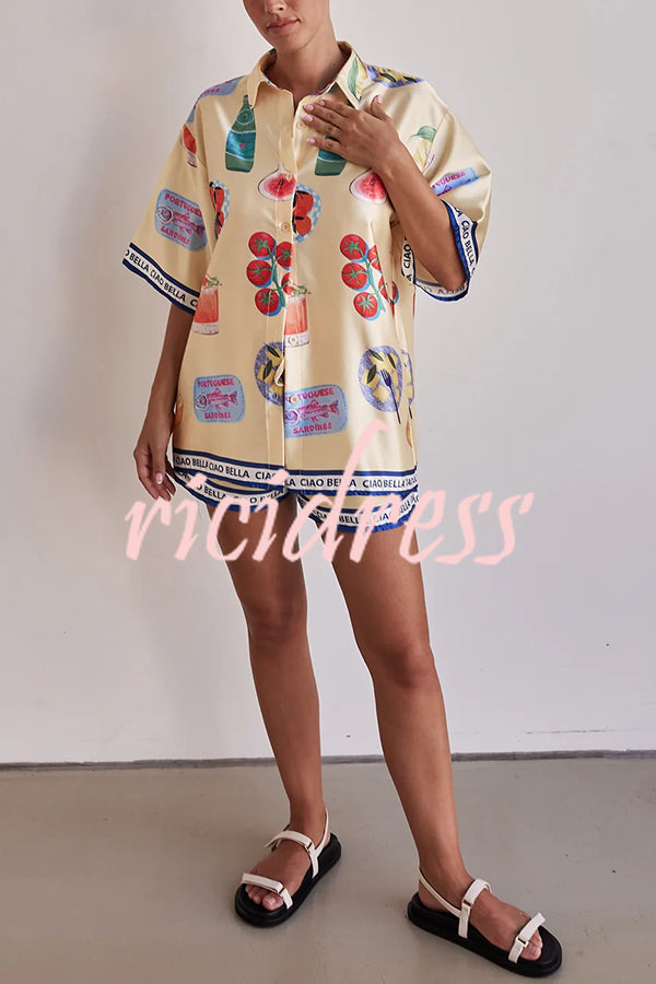 Kai Satin Unique Print Short Sleeve Shirt and Elastic Waist Drawstring Pocket Shorts Set