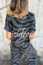 Zebra Print V-neck Short-sleeved Lace-up Top and Elastic Waist Pocket Straight-leg Pants Set