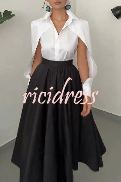 Stylish Lapel Cutout Long-sleeved Shirt and Full-hem Maxi Skirt Set