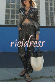 Black Magic Satin Unique Print Long Sleeve Blouse and Elastic Waist Pocket Wide Leg Pants Set