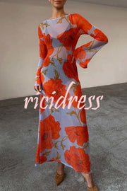 Perfect Cross-season Mesh Poppy Flower Print Long Sleeve Stretch Maxi Dress