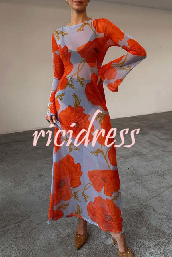 Perfect Cross-season Mesh Poppy Flower Print Long Sleeve Stretch Maxi Dress