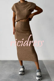 Triko Knit Short Sleeve Sweater and Stretch Ribbed Midi Skirt Set