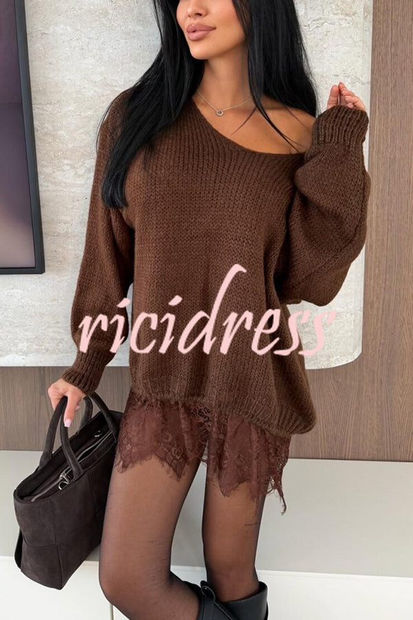 Comfy and Sweet Knit Lace Patchwork Hem Wide Neck Long Sleeve Loose Sweater