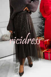 Party Daydream Sequin Tulle High Rise Elastic Waist Maxi Skirt