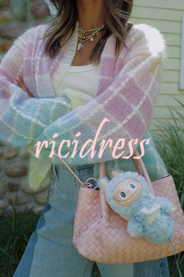 Palette Day Knit Color Blocks Open Front Balloon Sleeve Loose Cardigan