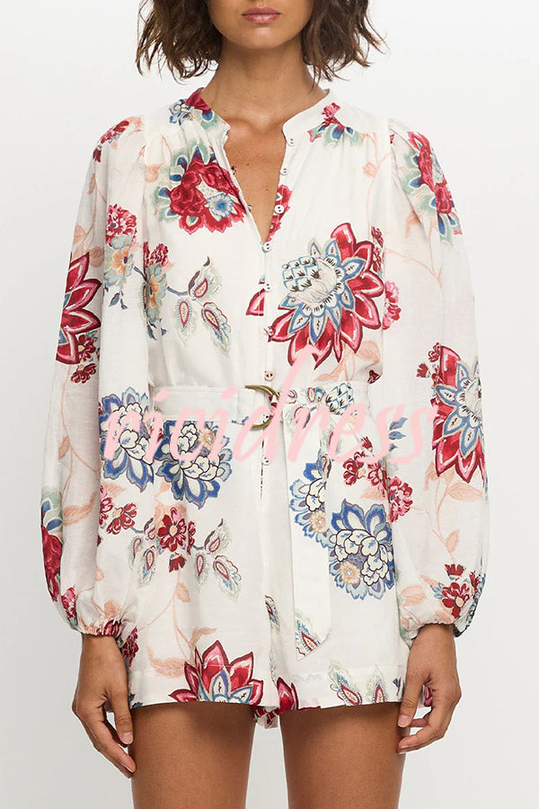 Floral Print Elegant Long Sleeve Waist Tie Casual Rompers