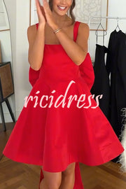 Red Drama Taffeta Square Neck Back Oversized Bow Pocket Mini Dress
