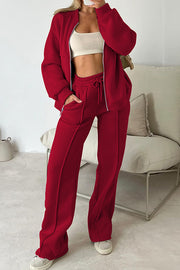 Solid Color Long-sleeved Zip-up Sports Jacket and Casual Elastic Waist Pocket Pants Set