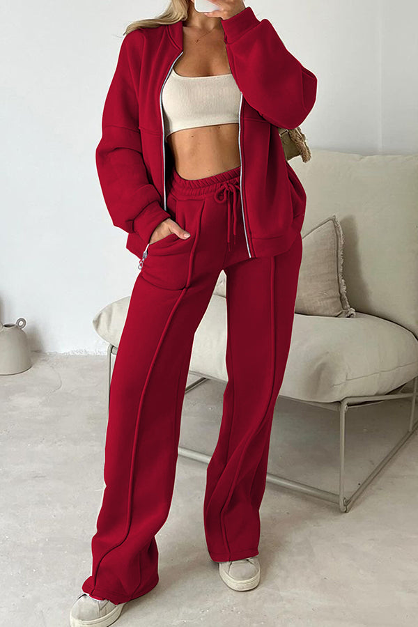 Solid Color Long-sleeved Zip-up Sports Jacket and Casual Elastic Waist Pocket Pants Set