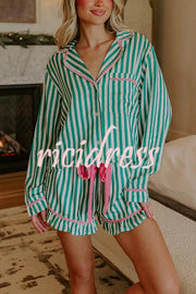 Merry and Bright Satin Striped Color-block Trim Loose Shirt and Elastic Waist Pocket Pajama Set