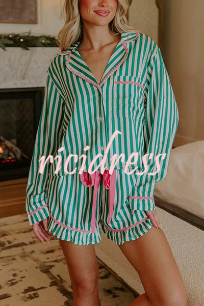 Merry and Bright Satin Striped Color-block Trim Loose Shirt and Elastic Waist Pocket Pajama Set