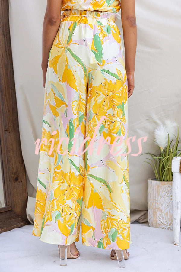 Soleila Floral Print One Shoulder Tie-up Crop Top and Elastic Waist Pocket Loose Pants Set