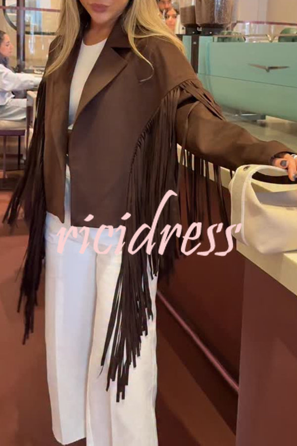 Western City Suede Long Tassels Long Sleeve Lapel Relaxed Jacket