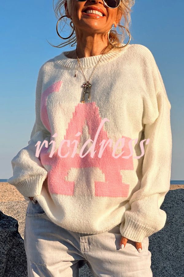 Letter Pattern Crew Neck Long Sleeve Loose Knit Sweater