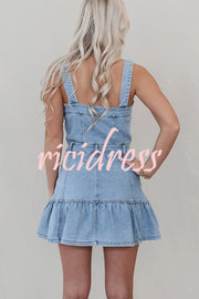 Solid Square Neck Suspender Button Pocket Denim Mini Dress