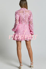 Solid Color Hollow Long-sleeved Waisted Lace Mini Dress