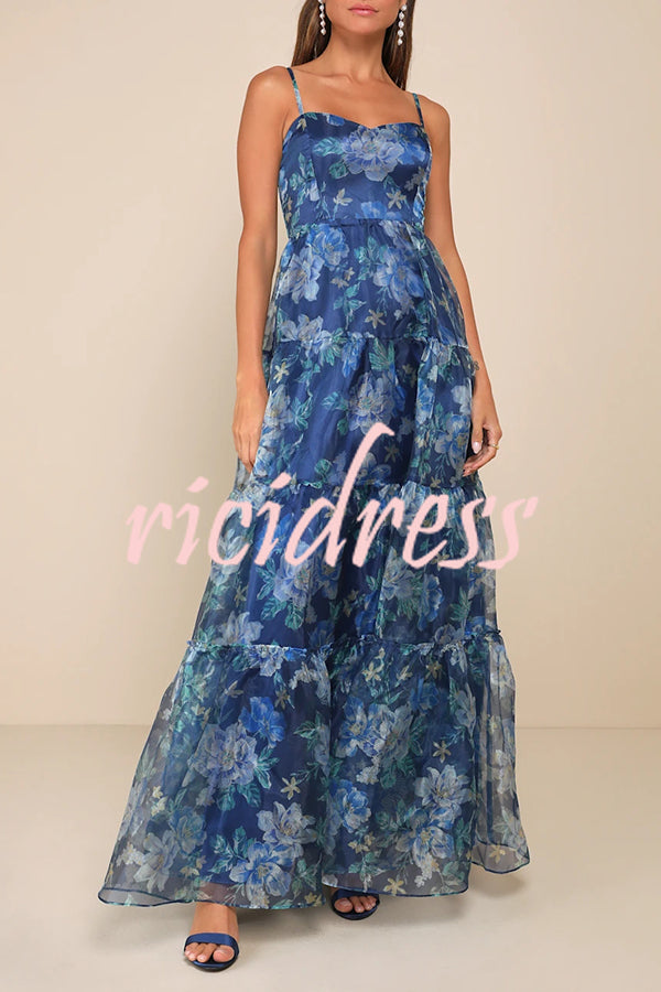 Exclusive Glamour Organza Floral Print Tiered Slip Maxi Dress