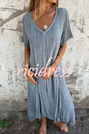 Bayside Bliss Linen Blend Short Sleeve Pleated Loose Midi Dress