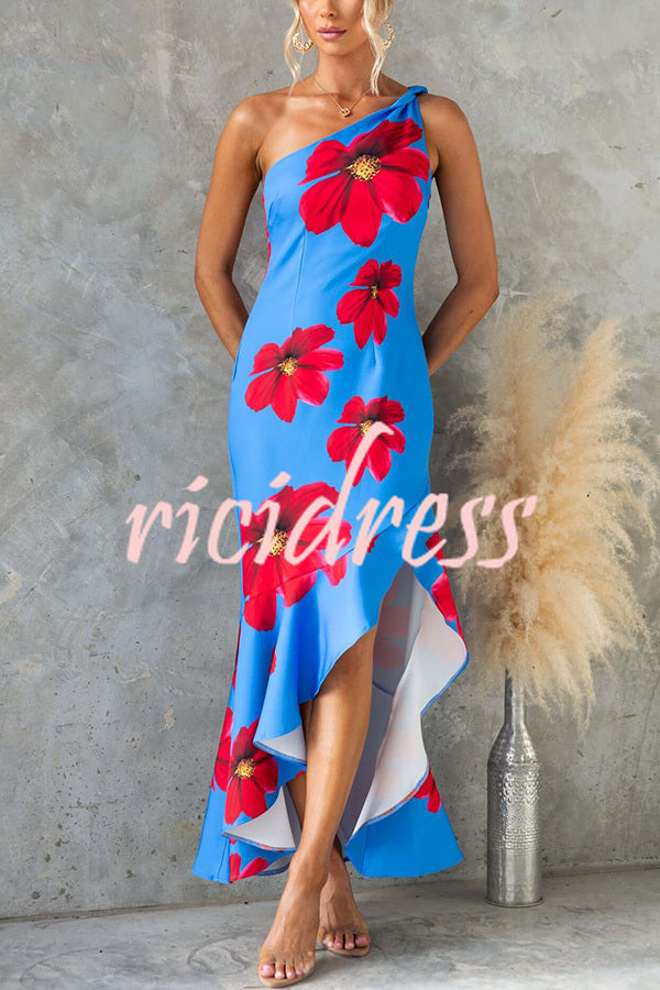 Stunning Muse Floral Print One Shoulder Irregular Ruffles Slit Maxi Dress