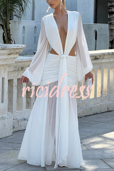 Deep Memories Chiffon Balloon Sleeve Cutout Ruched Drape Maxi Dress