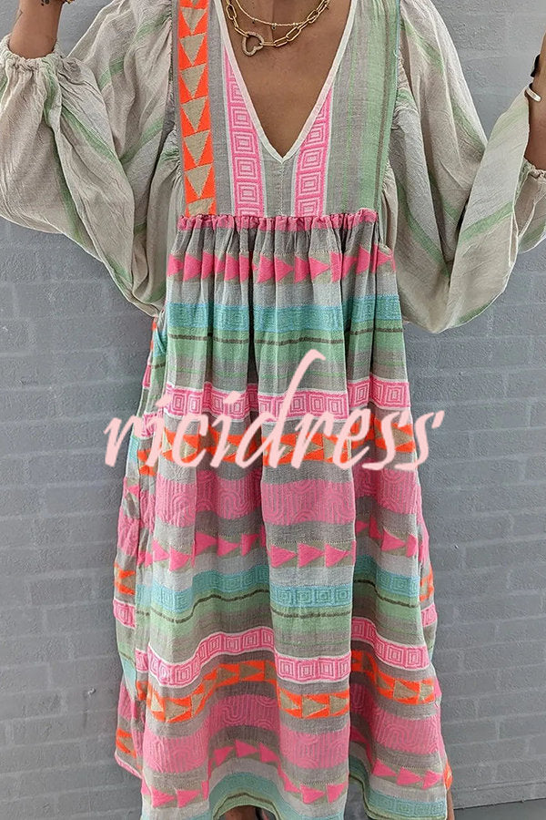 Whisked Away Geometric Color Block Printed A-line Midi Dress