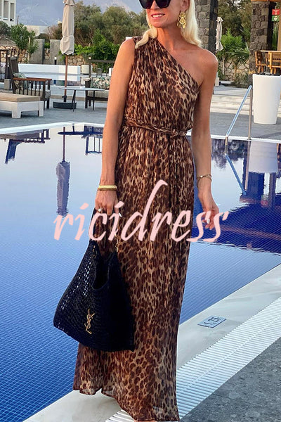 Occupy My Heart Leopard Print One Shoulder Belted Maxi Dress