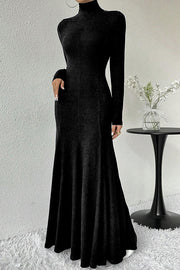 Solid Color High-neck Long-sleeved Slim-fit Fishtail Elegant Maxi Dress