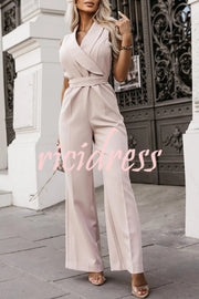 Make Your Entrance Lapel Belt Pocketed Wide Leg Formal Jumpsuit