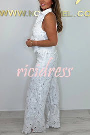 Delighted Embroidery Floral Hollow Lace Shirt-neck Vest and Wide Leg Pants Set