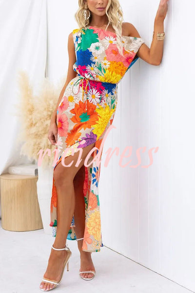 Happiness Always Floral Print Asymmetric Neck Elastic Waist Party Maxi Dress