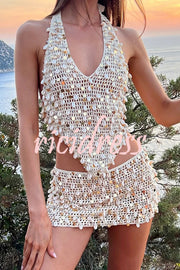 Sexy Halter Back Shell Sequined Top and Fitted Beach Mini Skirt Set