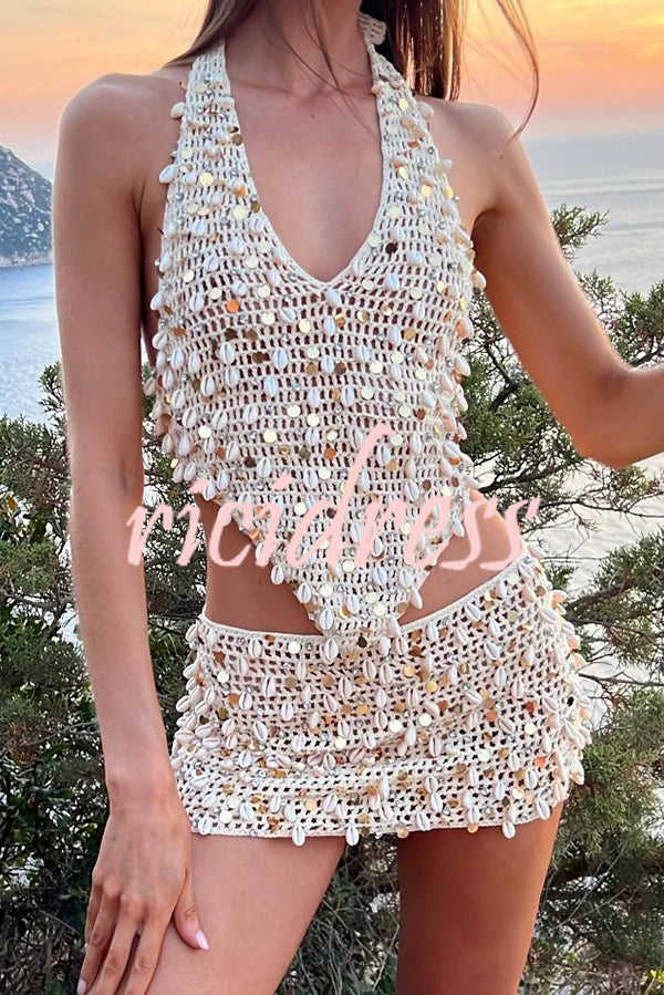 Sexy Halter Back Shell Sequined Top and Fitted Beach Mini Skirt Set