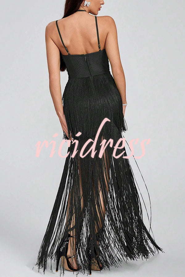 Sexy Halterneck Open Back Elegant Tassel Slim Maxi Dress