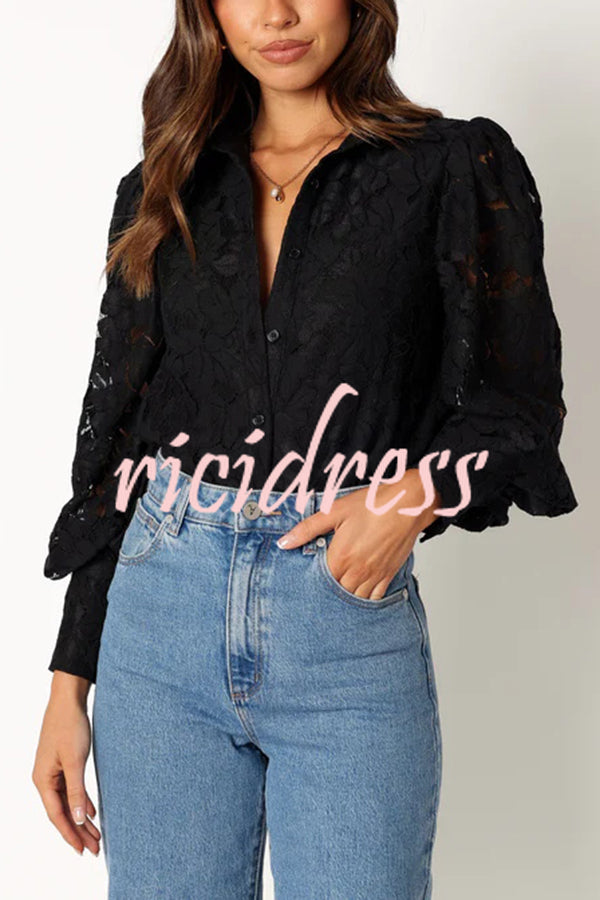 Sexy Hollow Lapel Casual Lace Shirt Top