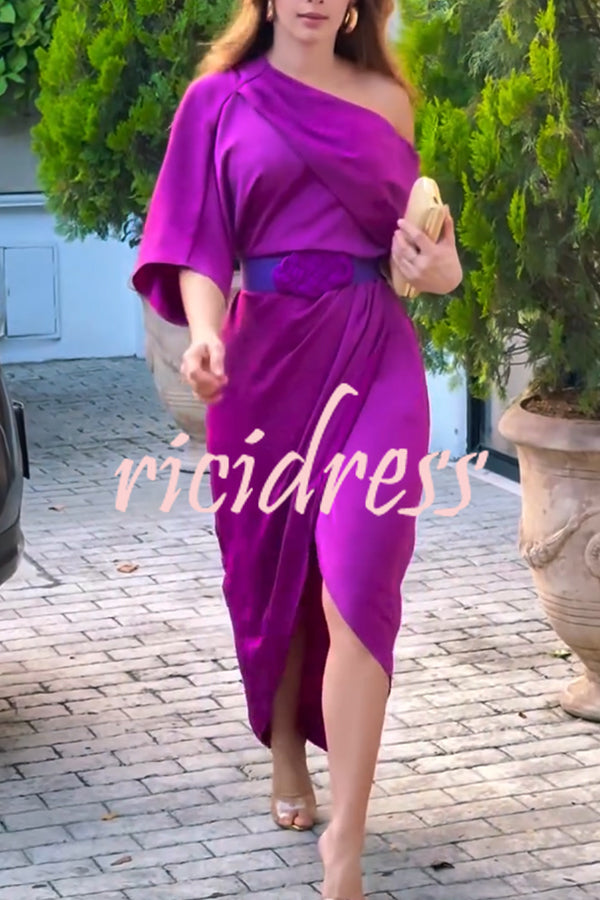Whispered Yes Satin Irregular Lapel Neckline Design Ruched Maxi Dress